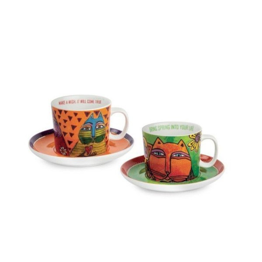 Objets & Cadeaux Compagnie Anglaise des Th茅s | Coffret Duo Mugs Et Soucoupes Laurel Burch - Tasses Th Orange Et Vert - 34 Cl