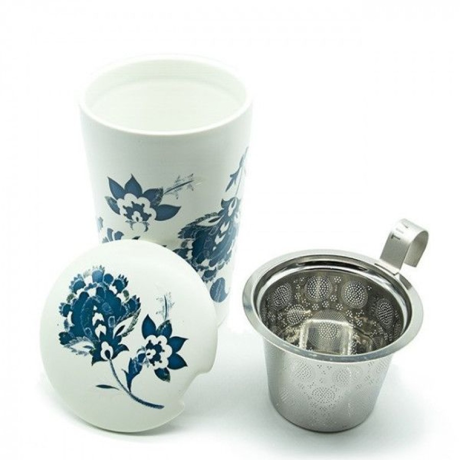 Objets & Cadeaux Compagnie Anglaise des Th茅s | Tisani Re Blanche Motifs Fleuris - Tasse, Filtre Et Couvercle - 35 Cl