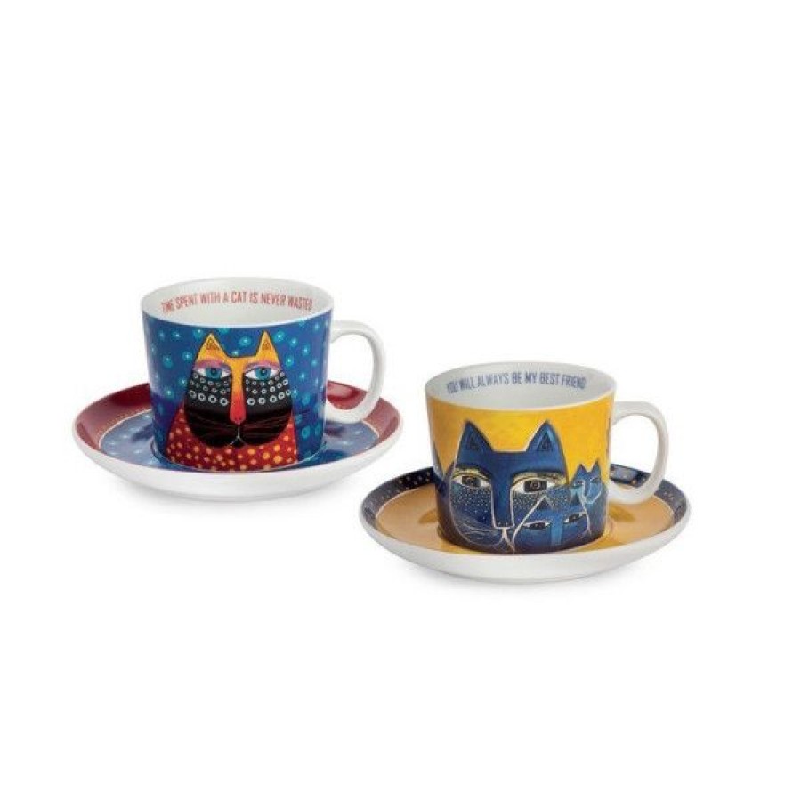 Objets & Cadeaux Compagnie Anglaise des Th茅s | Coffret Mugs Et Soucoupes Chats Laurel Burch - Tasses Th Bleu Et Rouge - 34 Cl