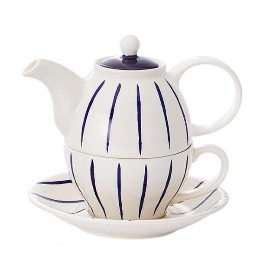 Objets & Cadeaux Compagnie Anglaise des Th茅s | Th I Re Solitaire Ray Bleu Et Blanc Cr Me - Solitaire Fa Ence - Contenance : 0,4L